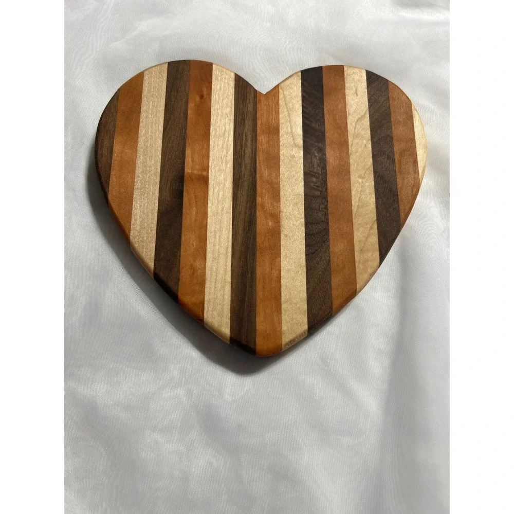 Handmade Heart Shaped Wooden Cutting Board Striped Walnut Maple Cherry 7.75in